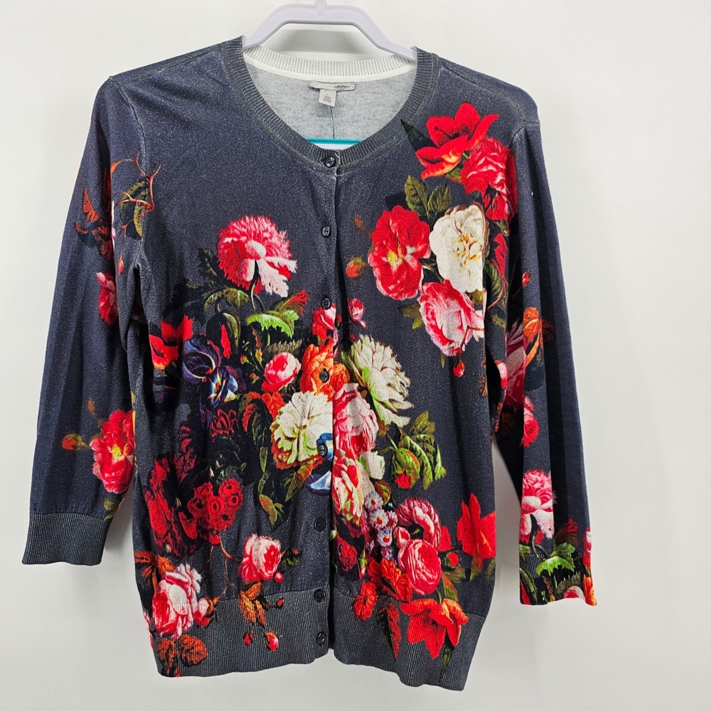 Halogen Cardigan Sweater Women L Grey Floral Rive Gauche Cotton 3/4 Sleeve NWT